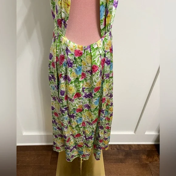 Les Reveries 100% Silk Rose Orchid Pleated Bow Maxi Dress Size 8 - Picture 11 of 13